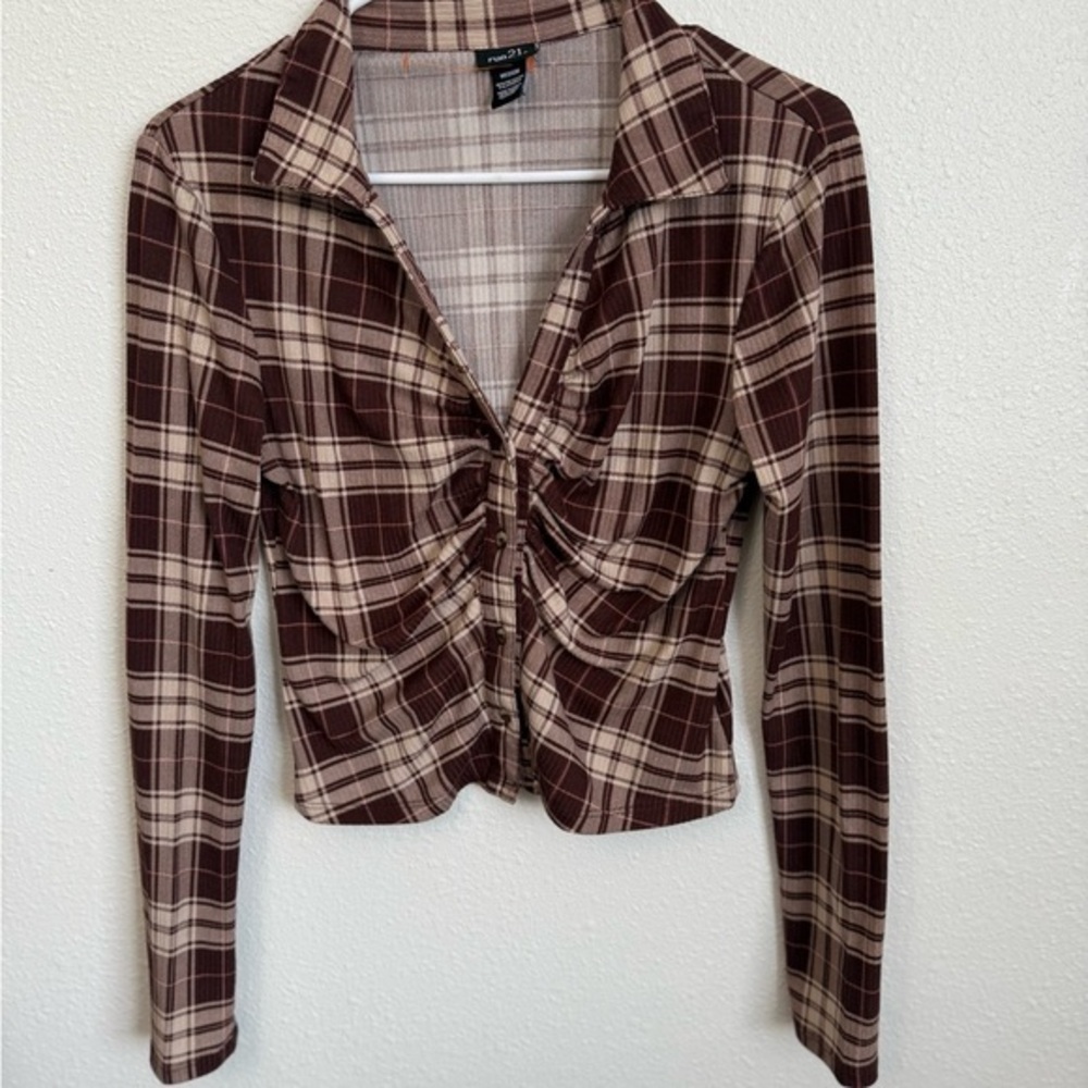 Rue21 Plaid Ruched Long Sleeve Top Brown/Beige – Size M